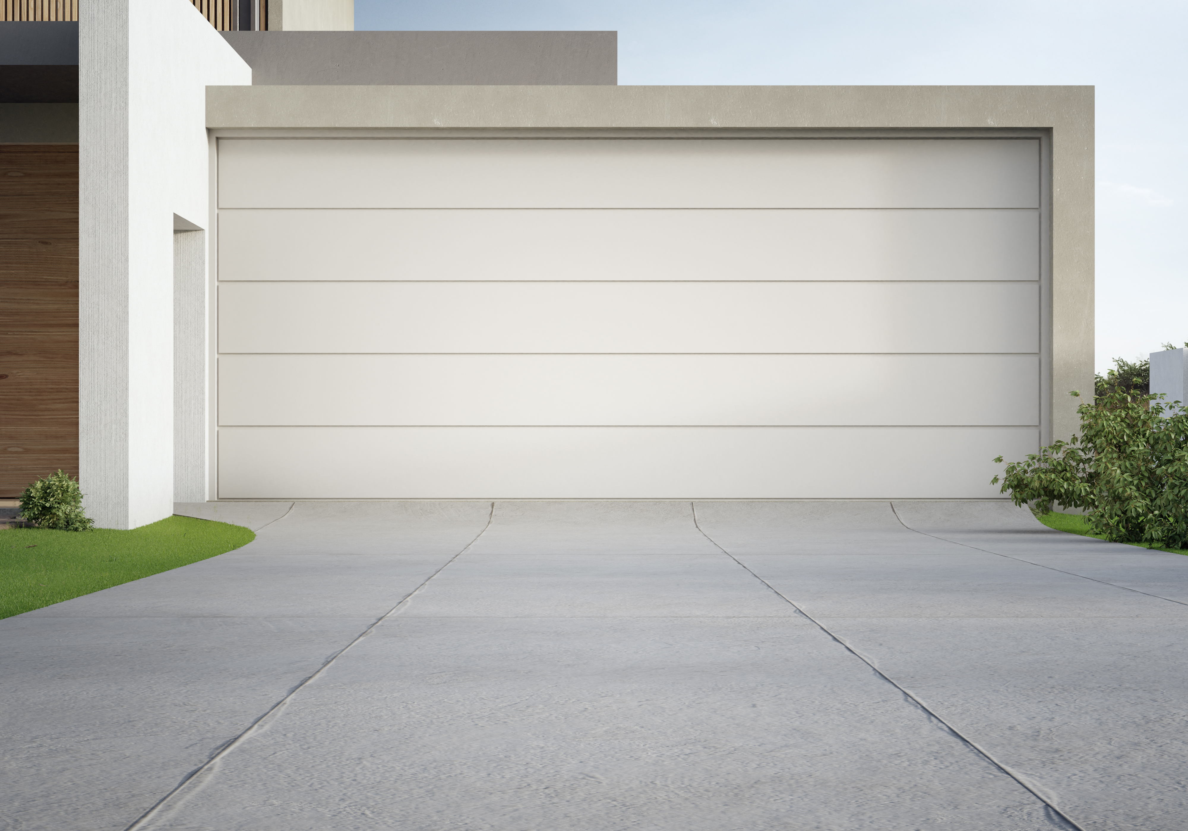 Modern house and big garage with concrete driveway. 3d illustration of residential building exterior.
